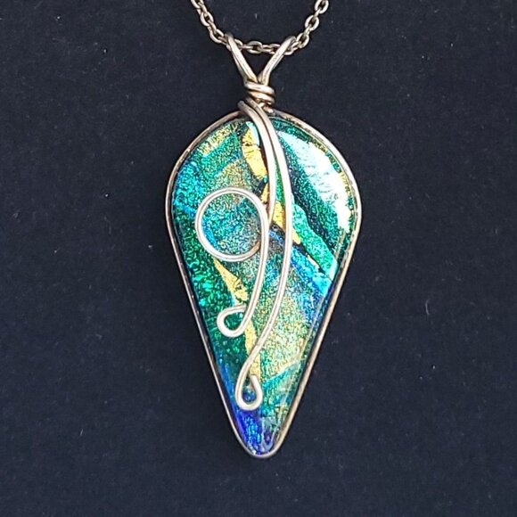 925 Sterling Silver 10 Gold Filled Dichroic Glass Pendant Necklace Earrings Set - Picture 3 of 16